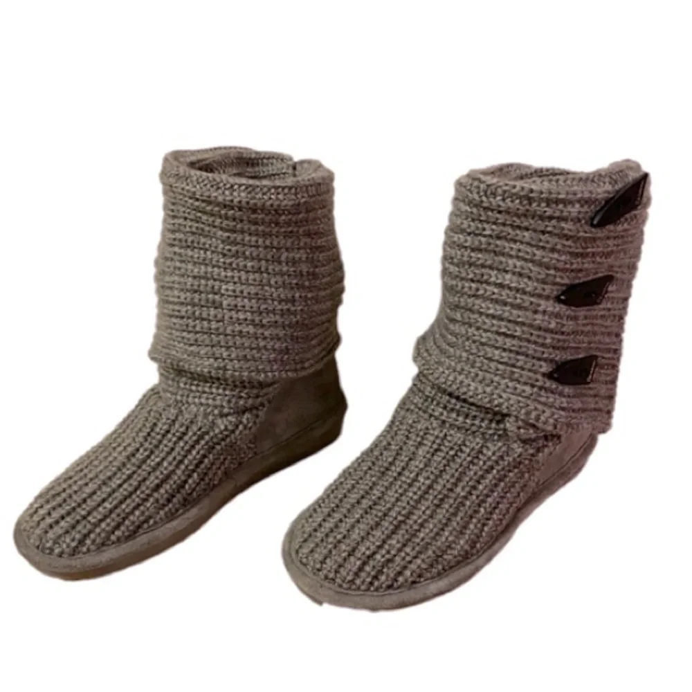 BearPaw Knit Tall Gray Boots Fold Over Pull On Cozy Size 6